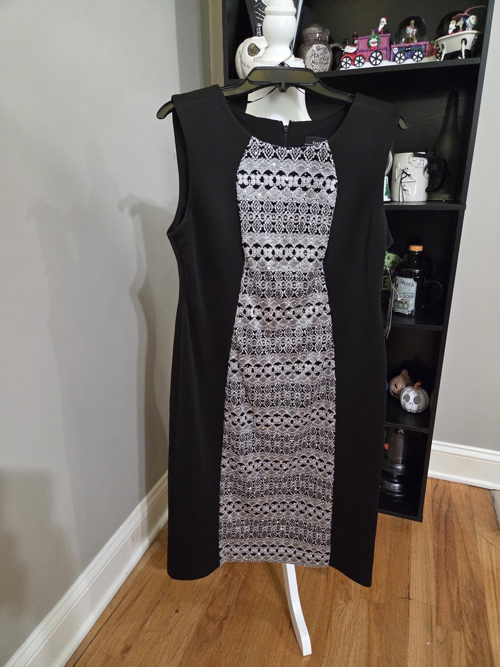 R&M Richards Black Dress with Silver Lace-Style Center Panel
